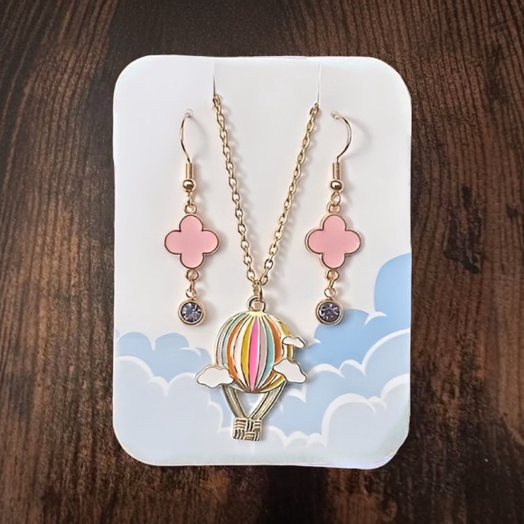 New Handmade Hot Air Balloon Necklace and Earring Set (Version A/Pink & Purple) - Picture 2 of 6